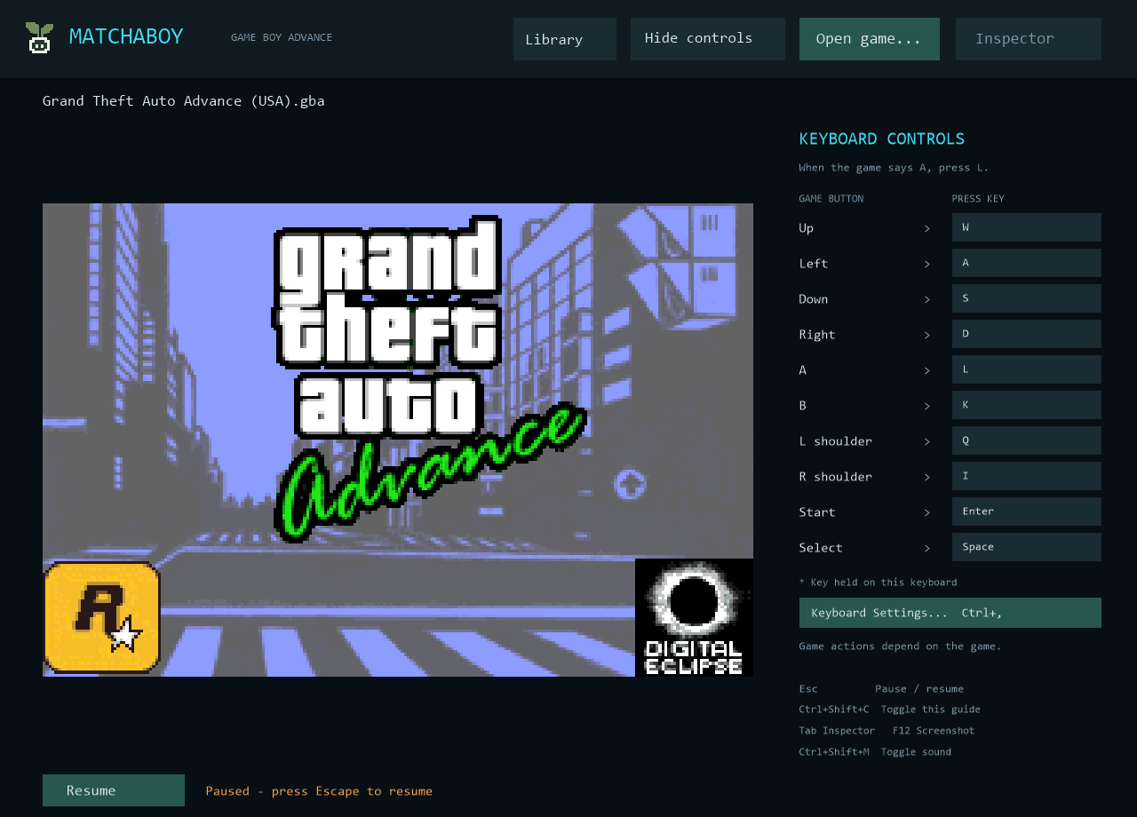 Newer Matchaboy Game Boy Advance interface with a game title screen, keyboard controls, library, and inspector navigation.